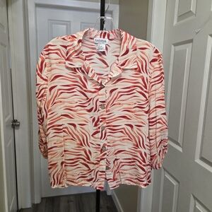 Lasania Petite 100% Rayon Oversized Button Front Top Red Cream Animal Print
